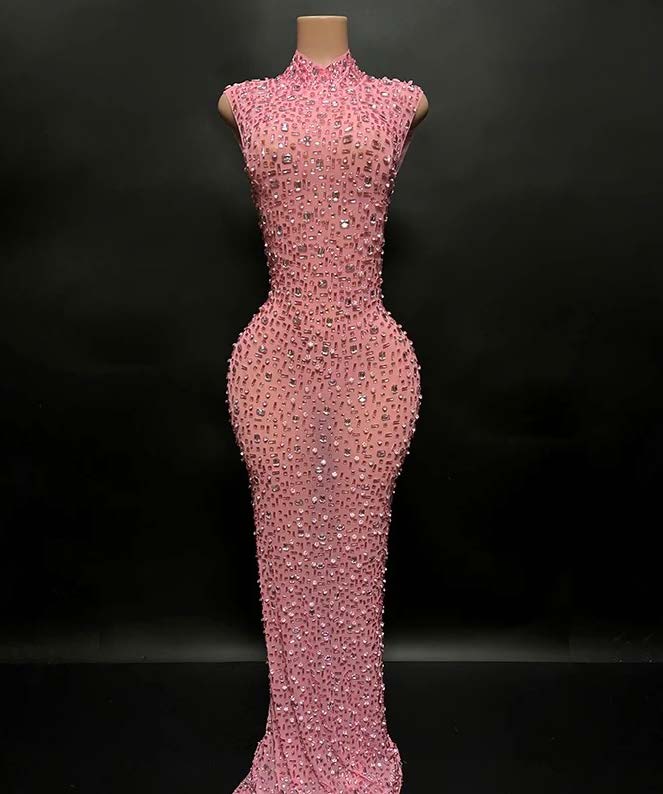 Pink Glittering Crystal High Neck Long Dress