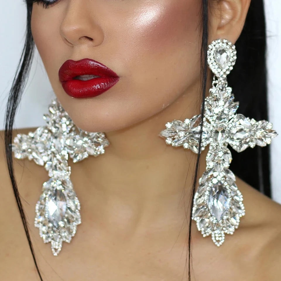 Exaggerated Trendy Rhinestone Cross Earrings