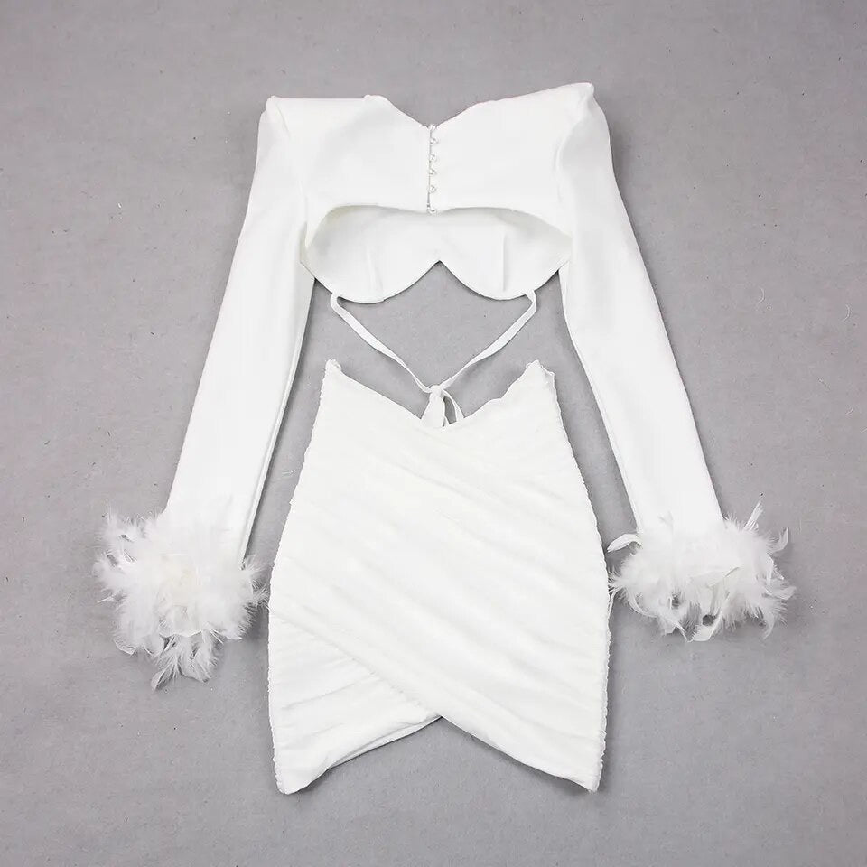 Bodicon mini dress long sleeve feathers