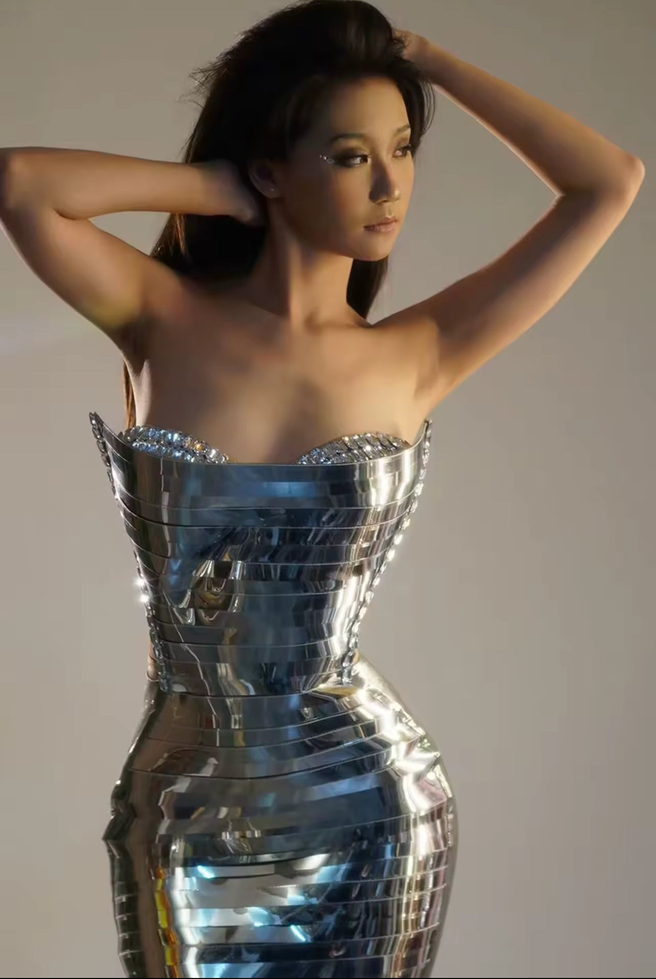 Luxury 3 D strapless bodycon long party dress