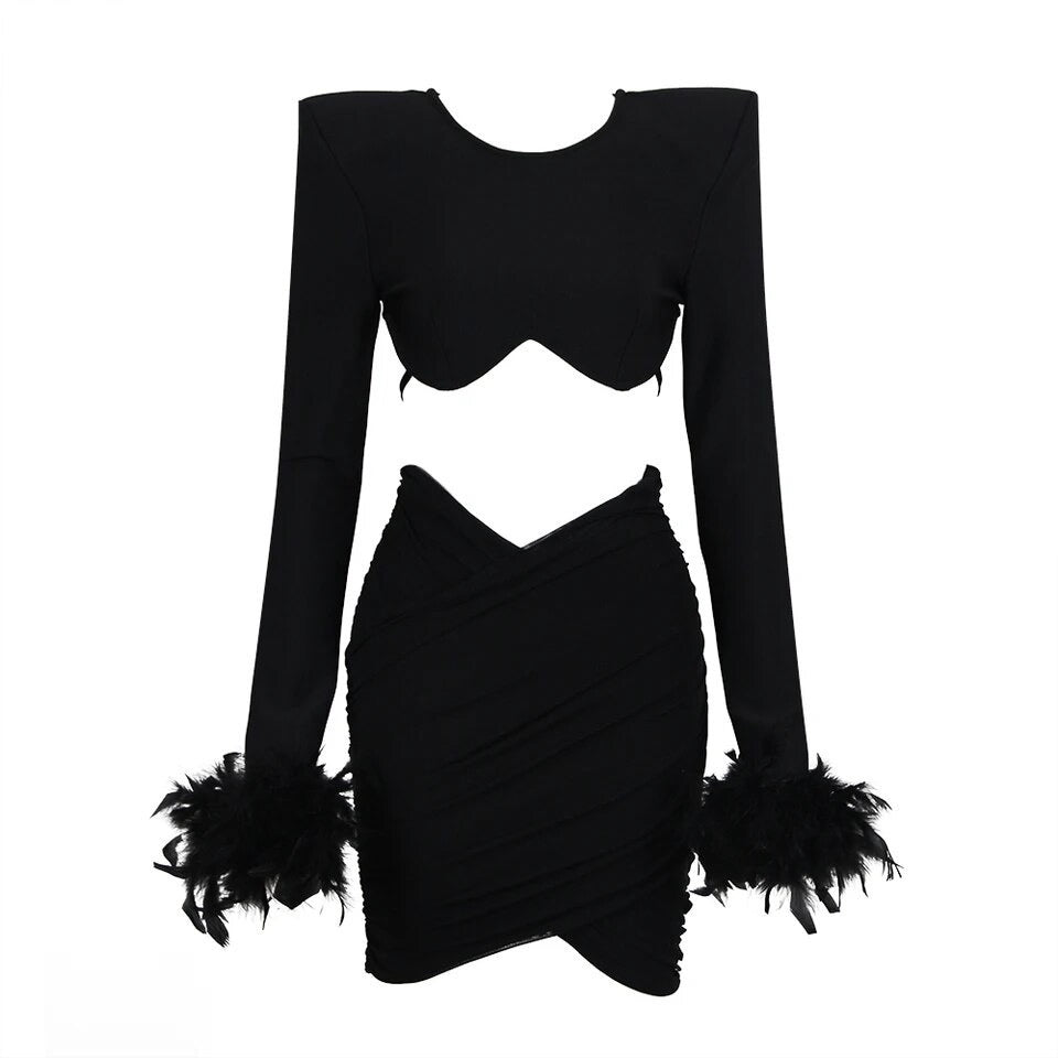 Bodicon mini dress long sleeve feathers