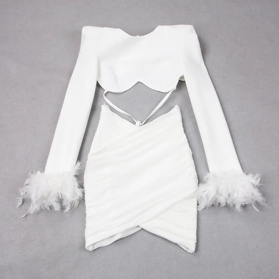 Bodicon mini dress long sleeve feathers