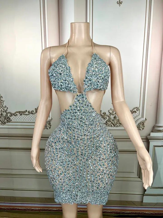 Luxury Shiny Diamonds Sexy Cutout Halter Dress