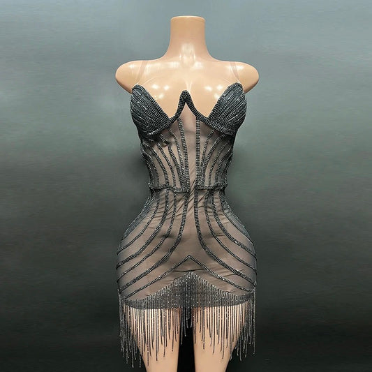 Sexy Deep V See Through Sparkle Diamonds Dress