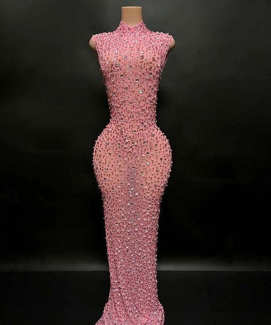 Pink Glittering Crystal High Neck Long Dress